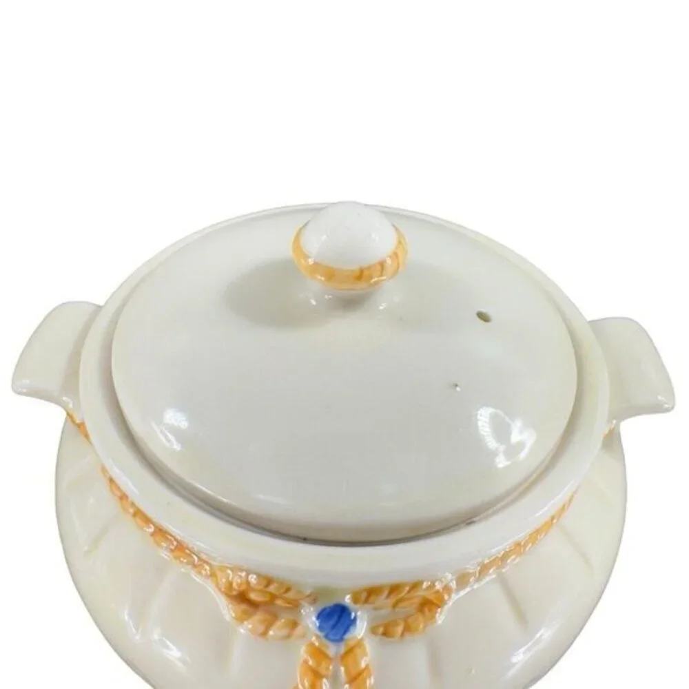 Vintage‎ Porcelier Vitreous China Art Deco Canister Cookie Jar Rope Ribbon W Lid